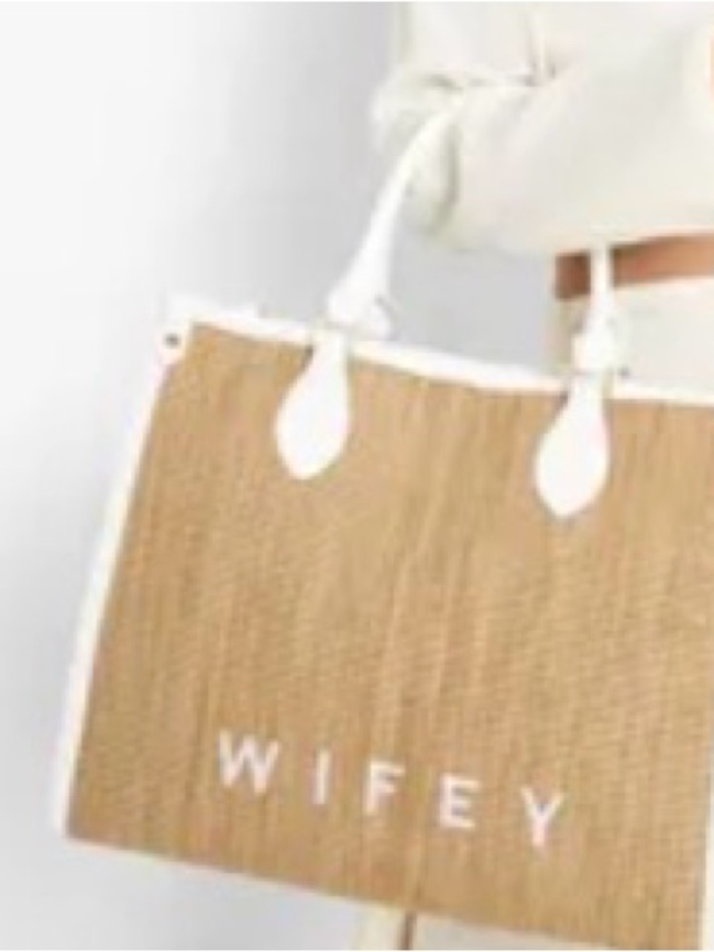 Tan Straw Tote with White Trim - 'Wifey' Lettering